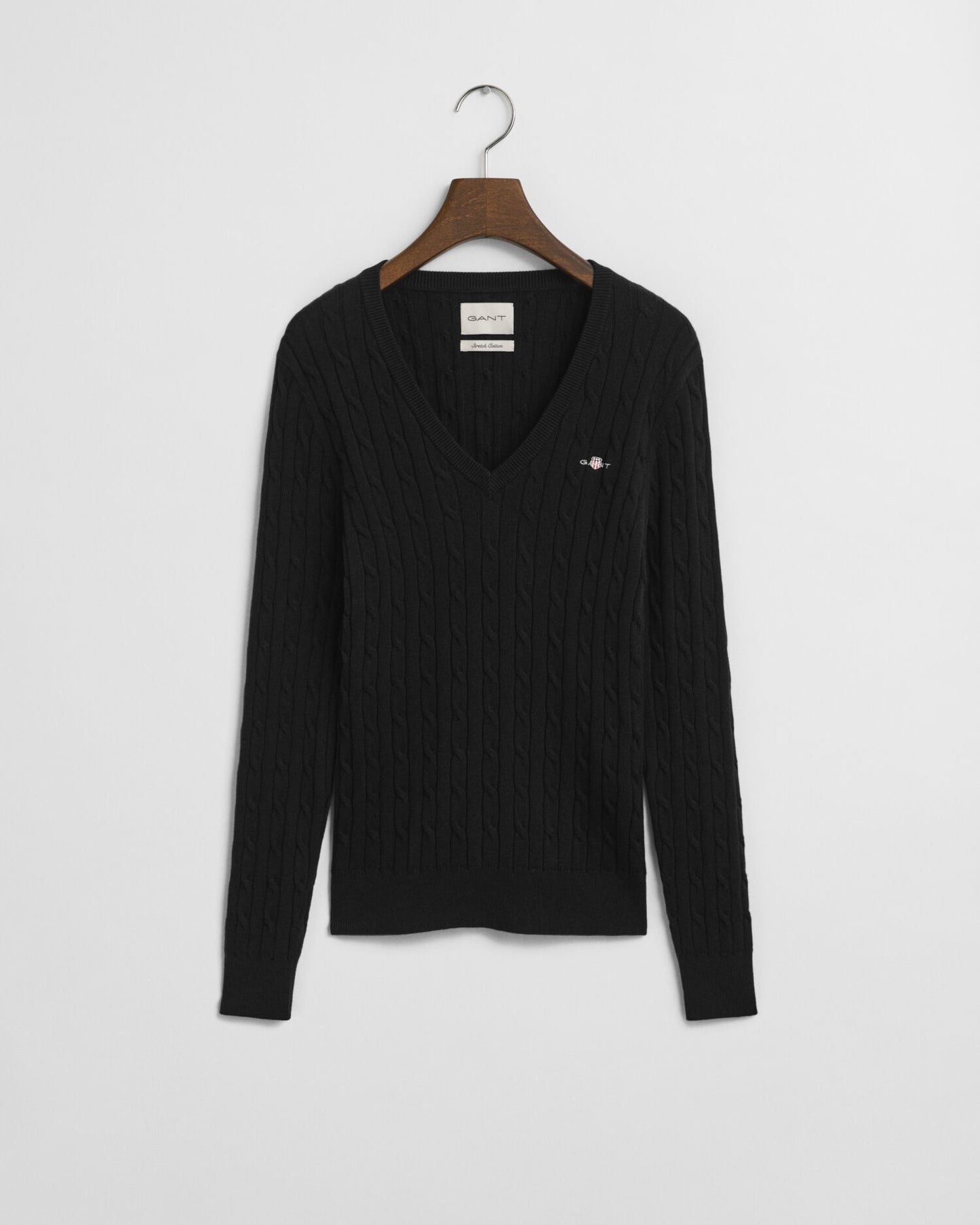 Stretch-Baumwoll-Zopfstrick-V-Pullover