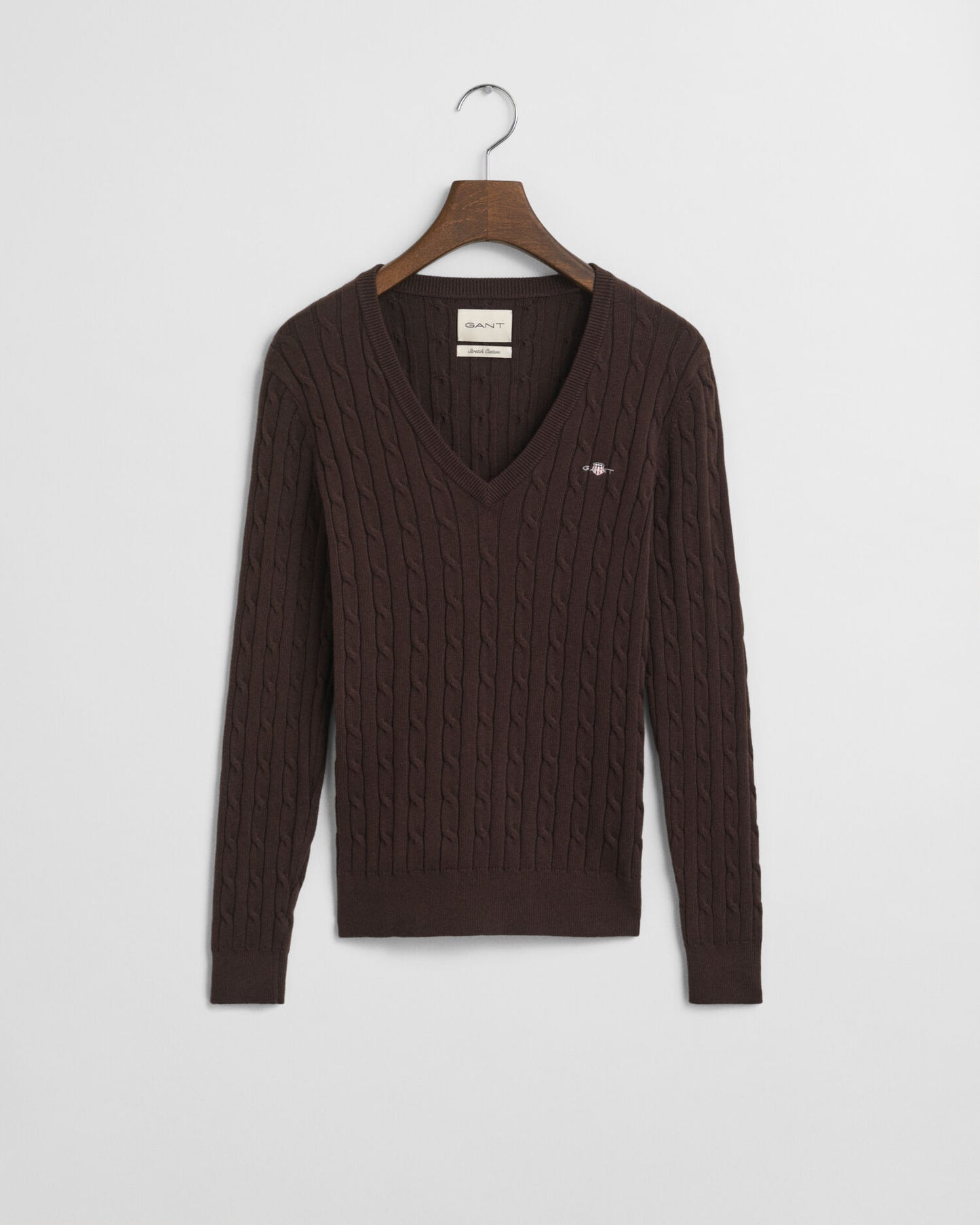 Stretch-Baumwoll-Zopfstrick-V-Pullover