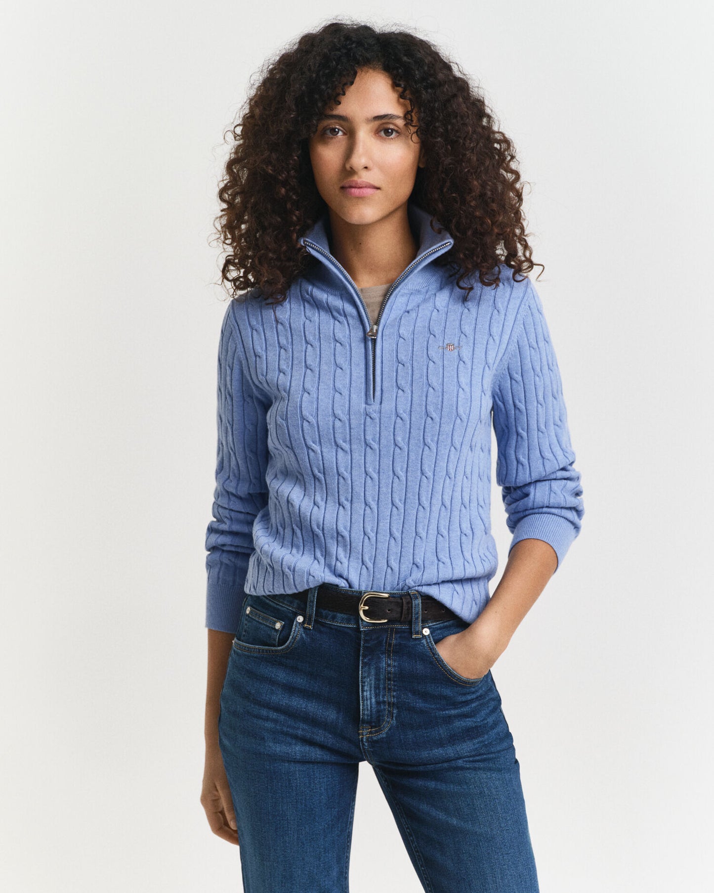 Pull demi-zippé en maille torsadée de coton stretch