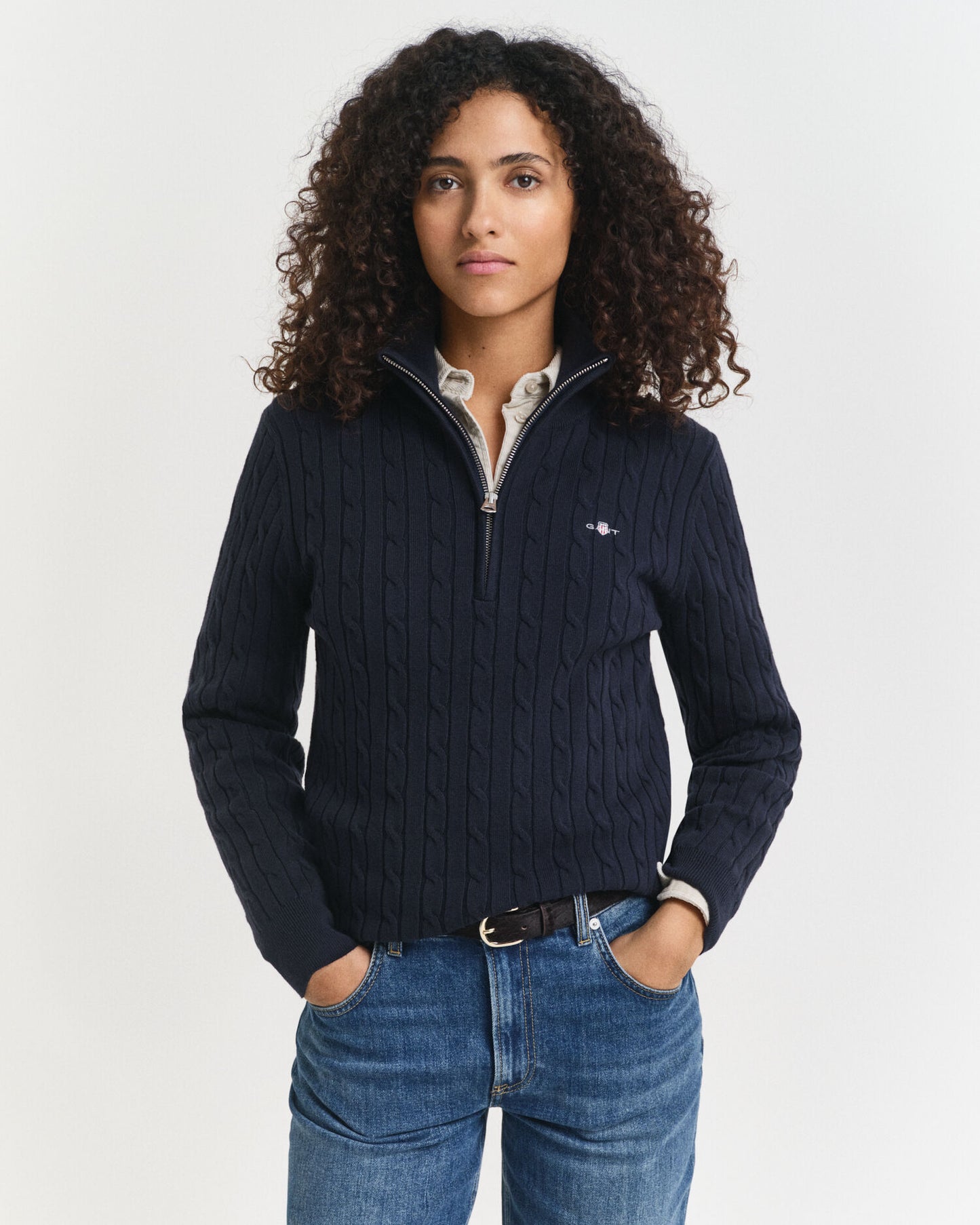 Pull demi-zippé en maille torsadée de coton stretch