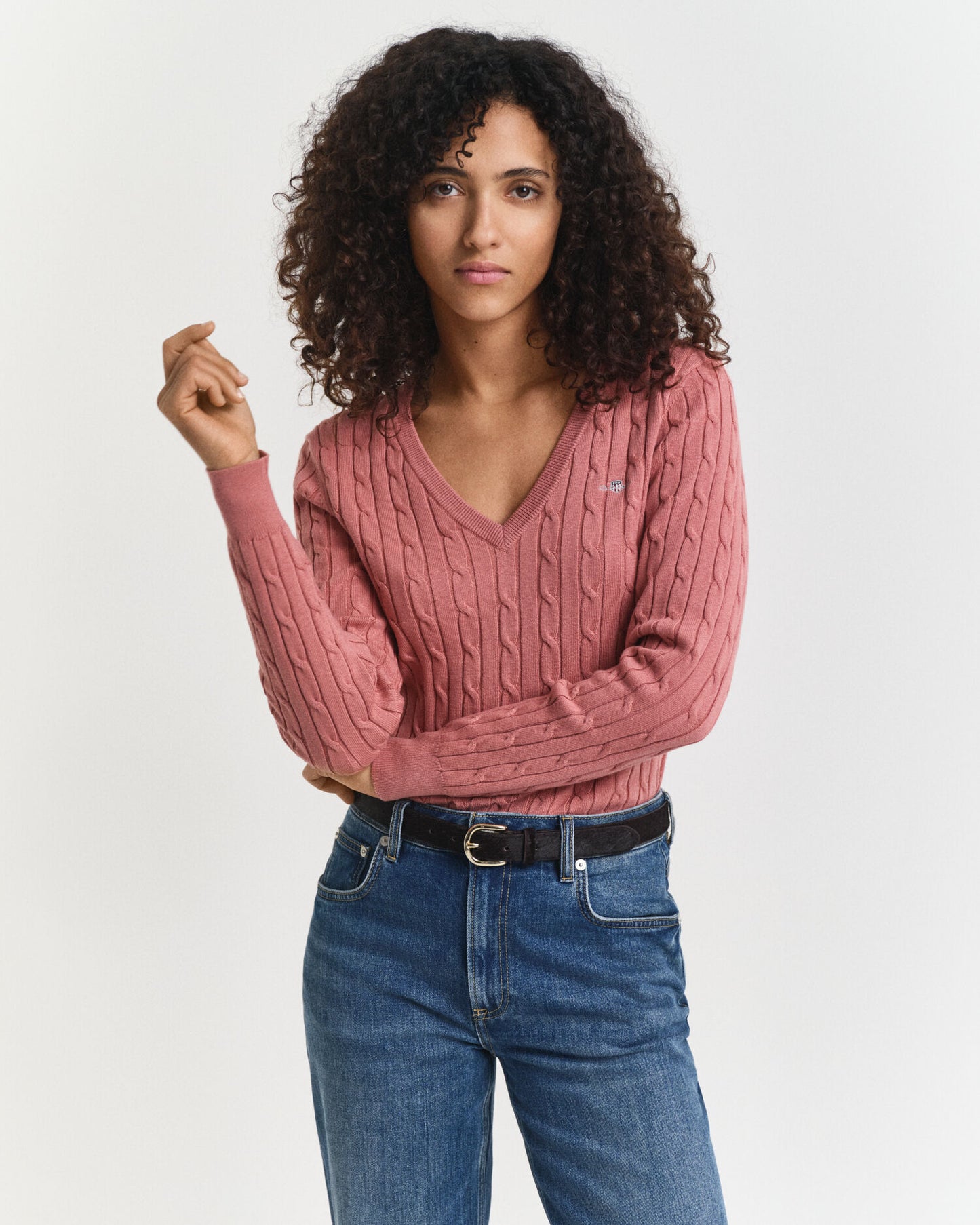 Stretch-Baumwoll-Zopfstrick-V-Pullover