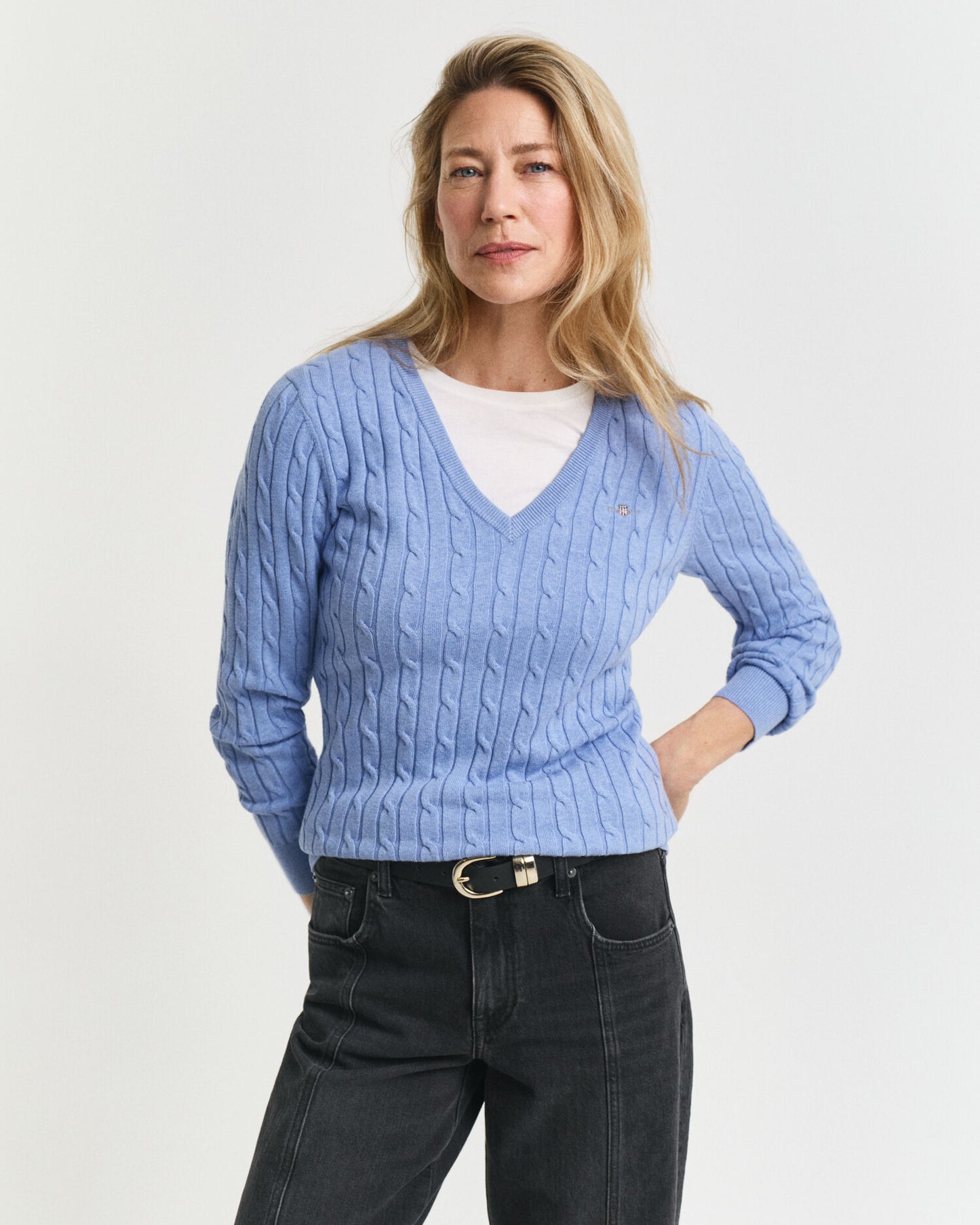 Stretch-Baumwoll-Zopfstrick-V-Pullover