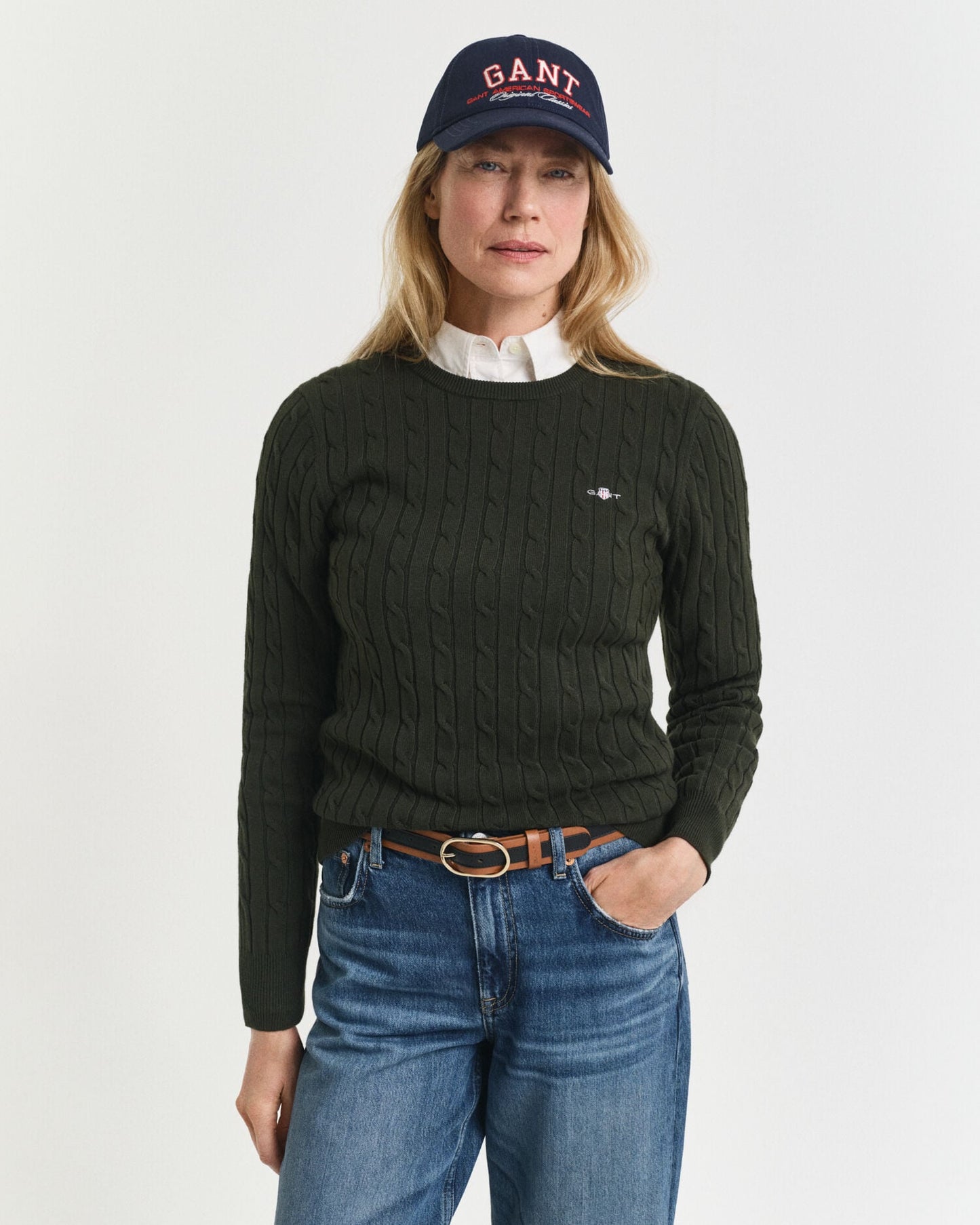 Pullover aus Stretch-Baumwolle mit Zopfmuster und Rundhalsausschnitt