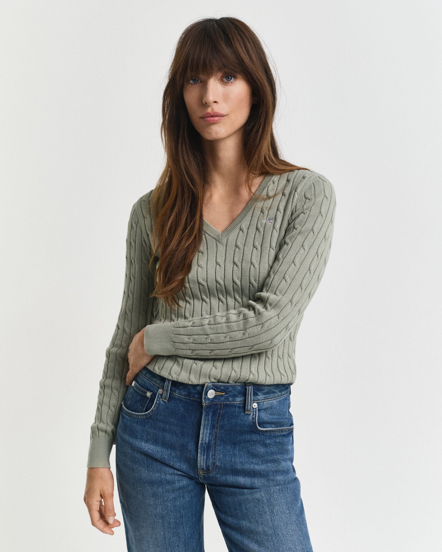 Stretch-Baumwoll-Zopfstrick-V-Pullover