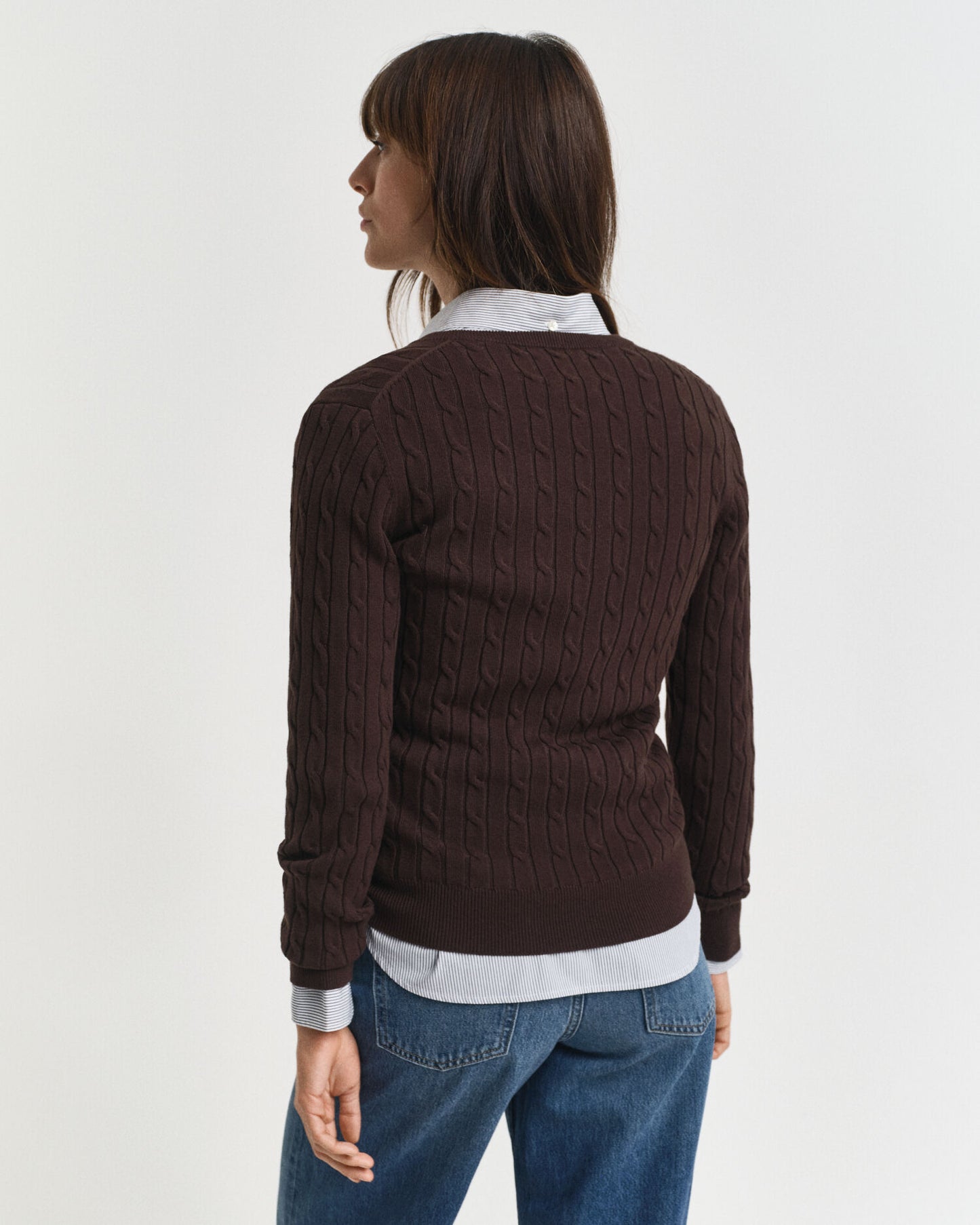Stretch-Baumwoll-Zopfstrick-V-Pullover