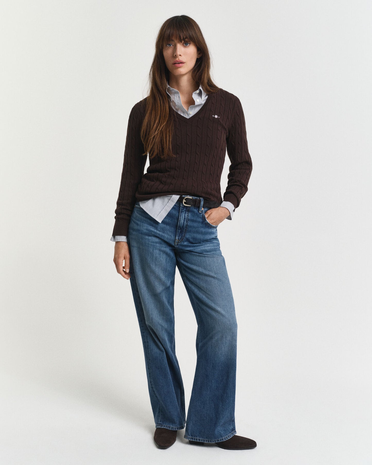 Stretch-Baumwoll-Zopfstrick-V-Pullover