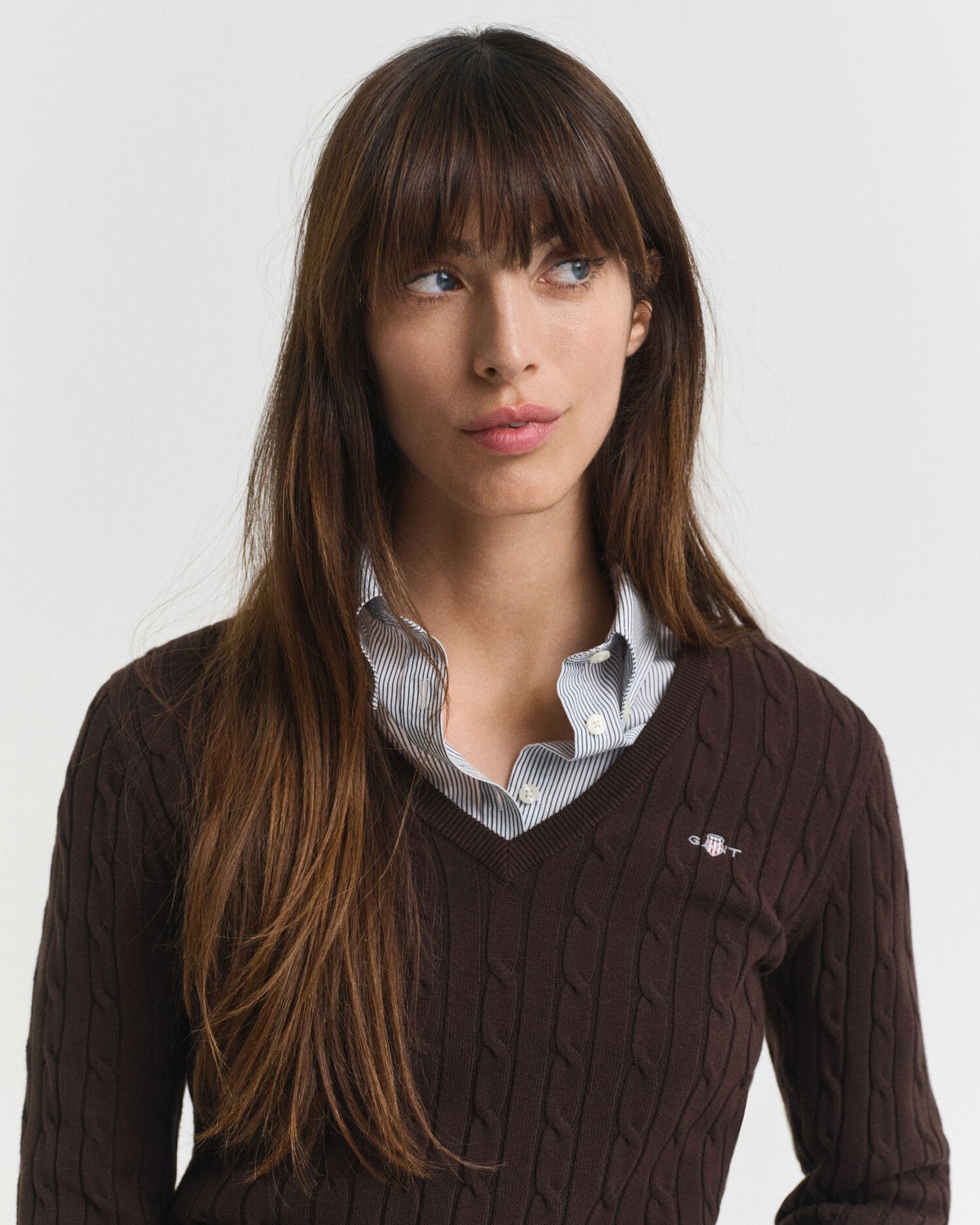 Stretch-Baumwoll-Zopfstrick-V-Pullover