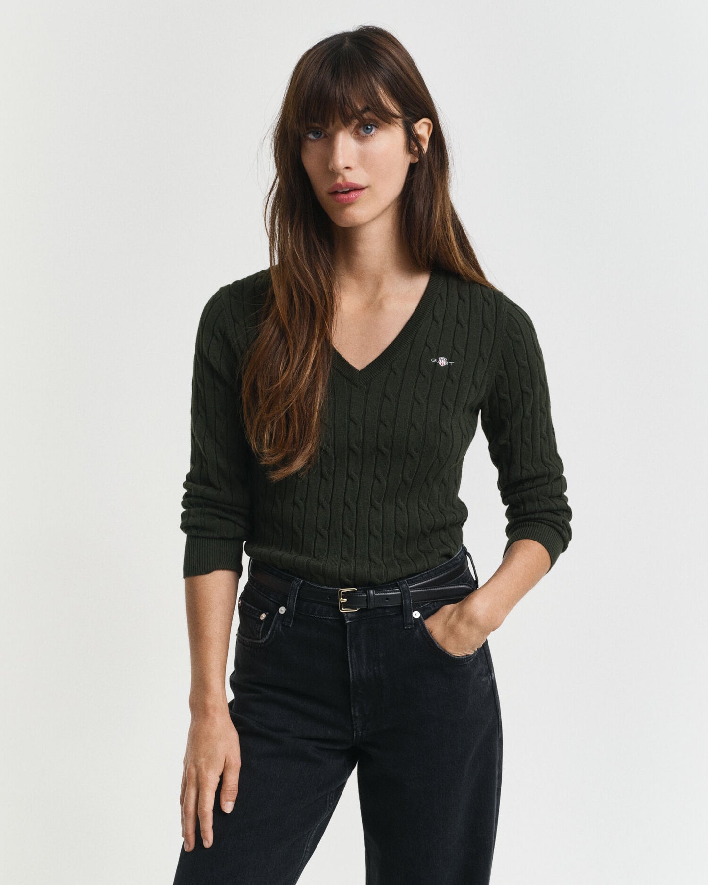 Stretch-Baumwoll-Zopfstrick-V-Pullover