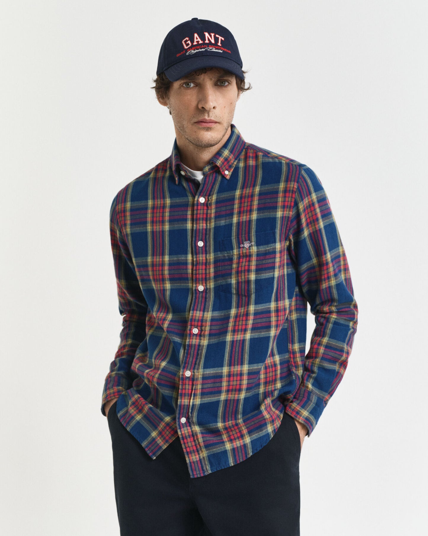 Chemise en twill de coton à carreaux indigo coupe droite