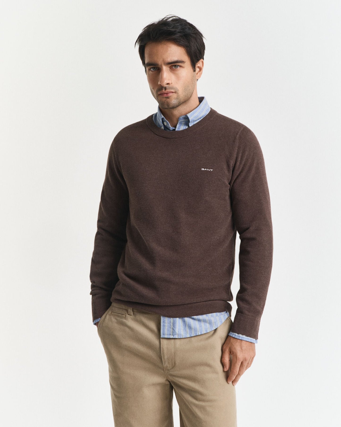 Pull en piqué de coton à col rond