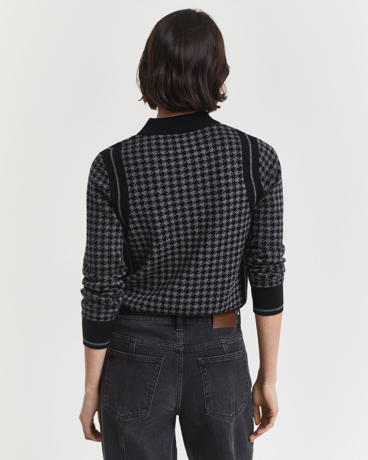 Hahnentritt-Jacquard-Polo-Pullover