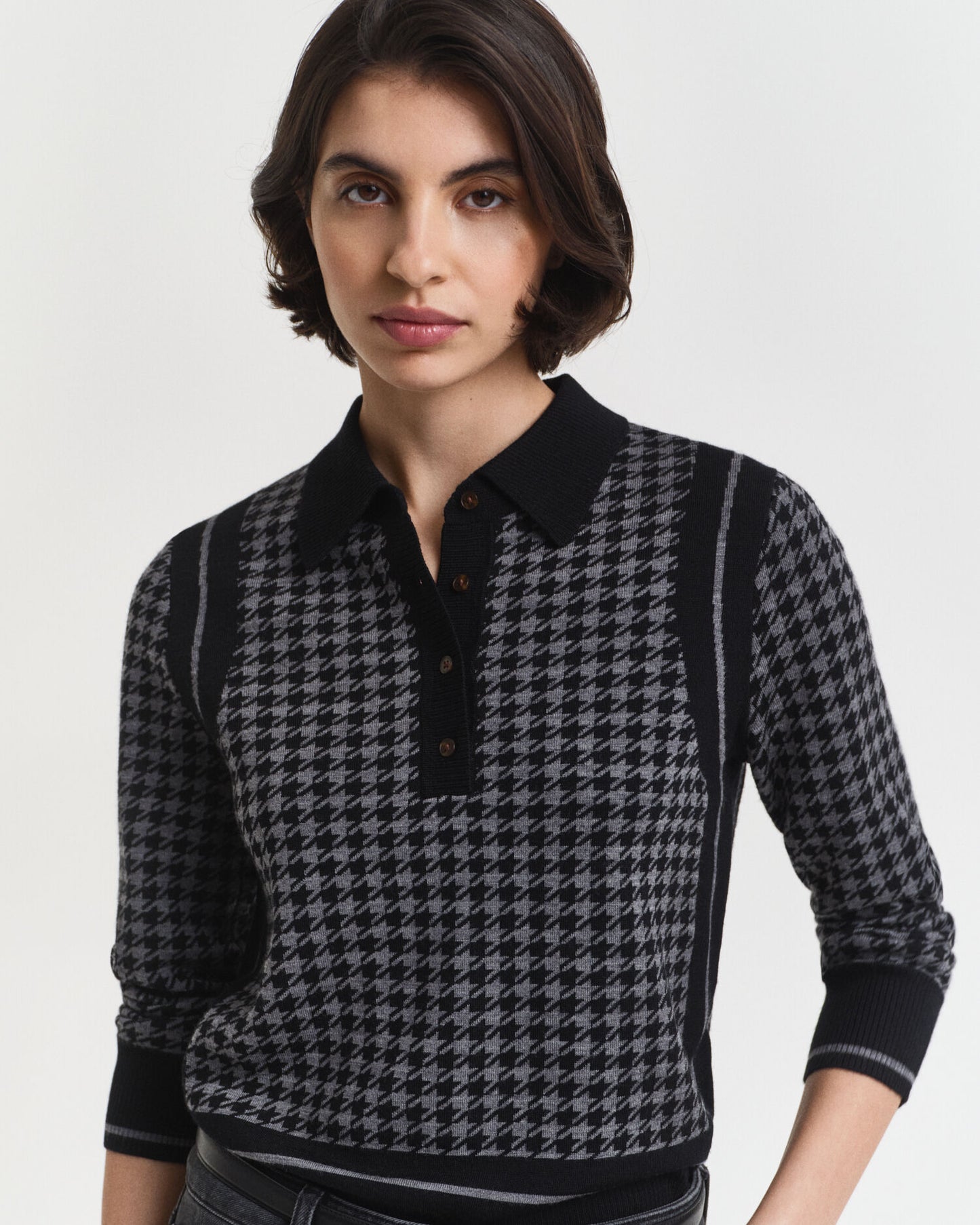 Hahnentritt-Jacquard-Polo-Pullover