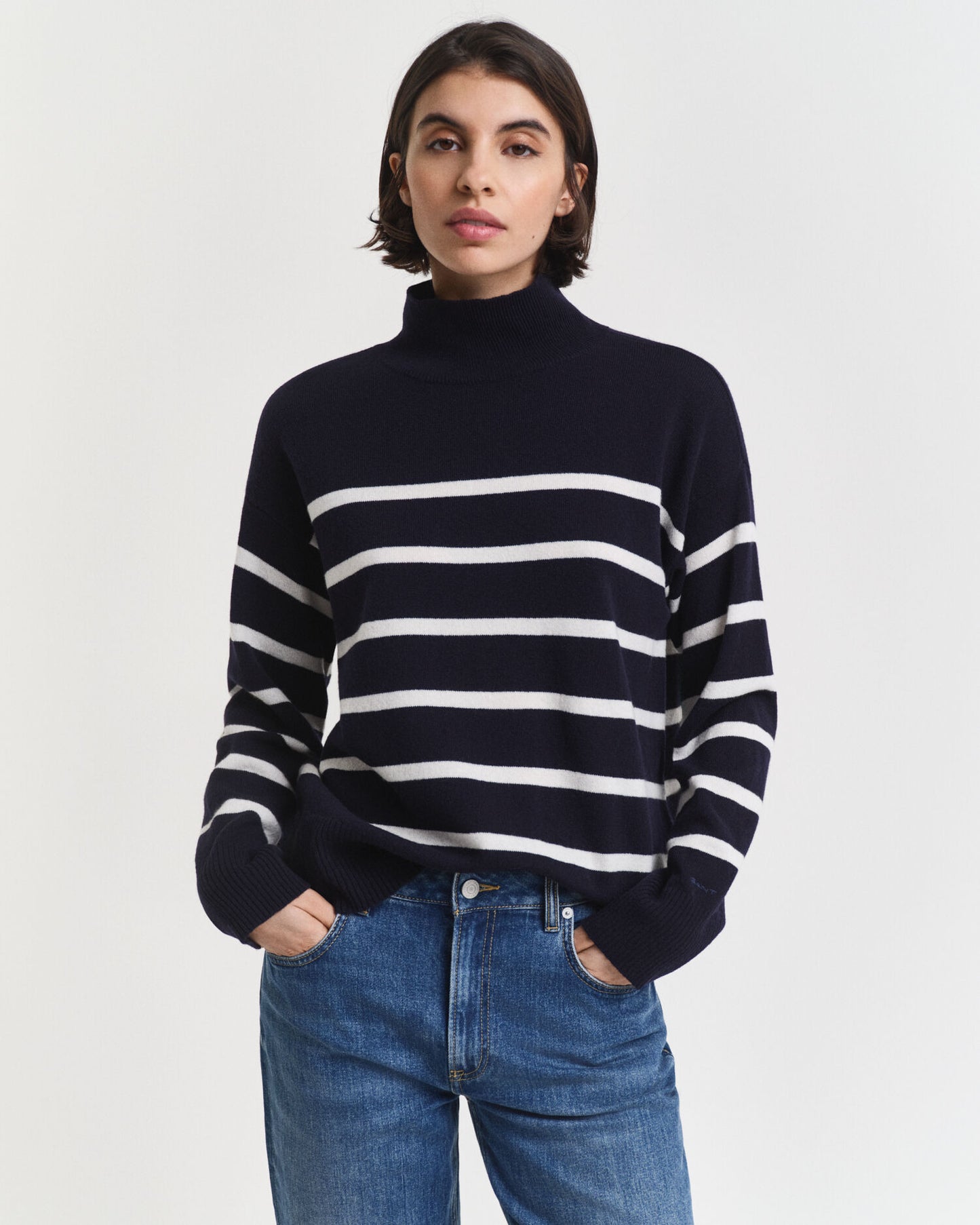 Gestreifter Feinst-Lammwoll-Rollkragenpullover