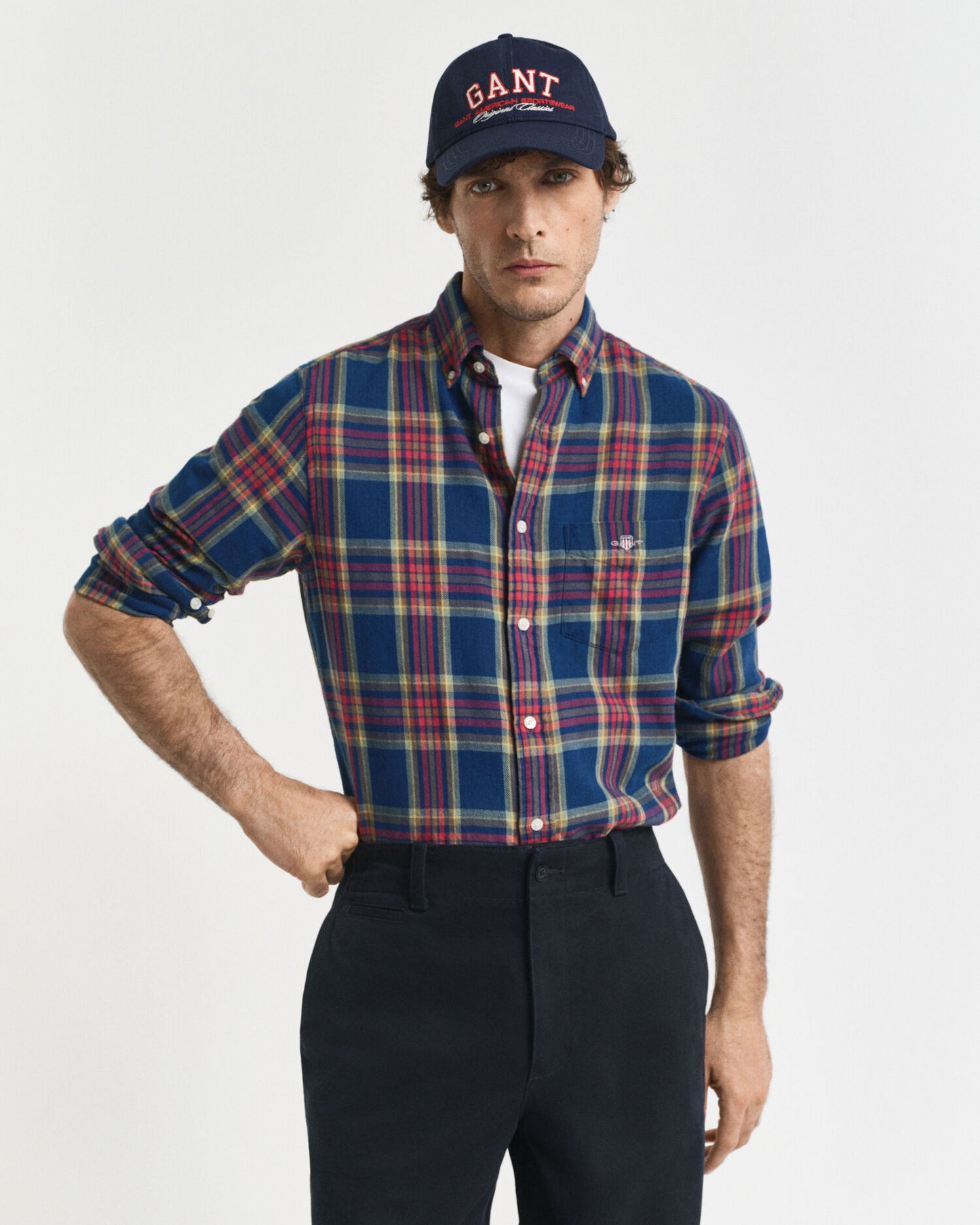 Chemise en twill de coton à carreaux indigo coupe droite
