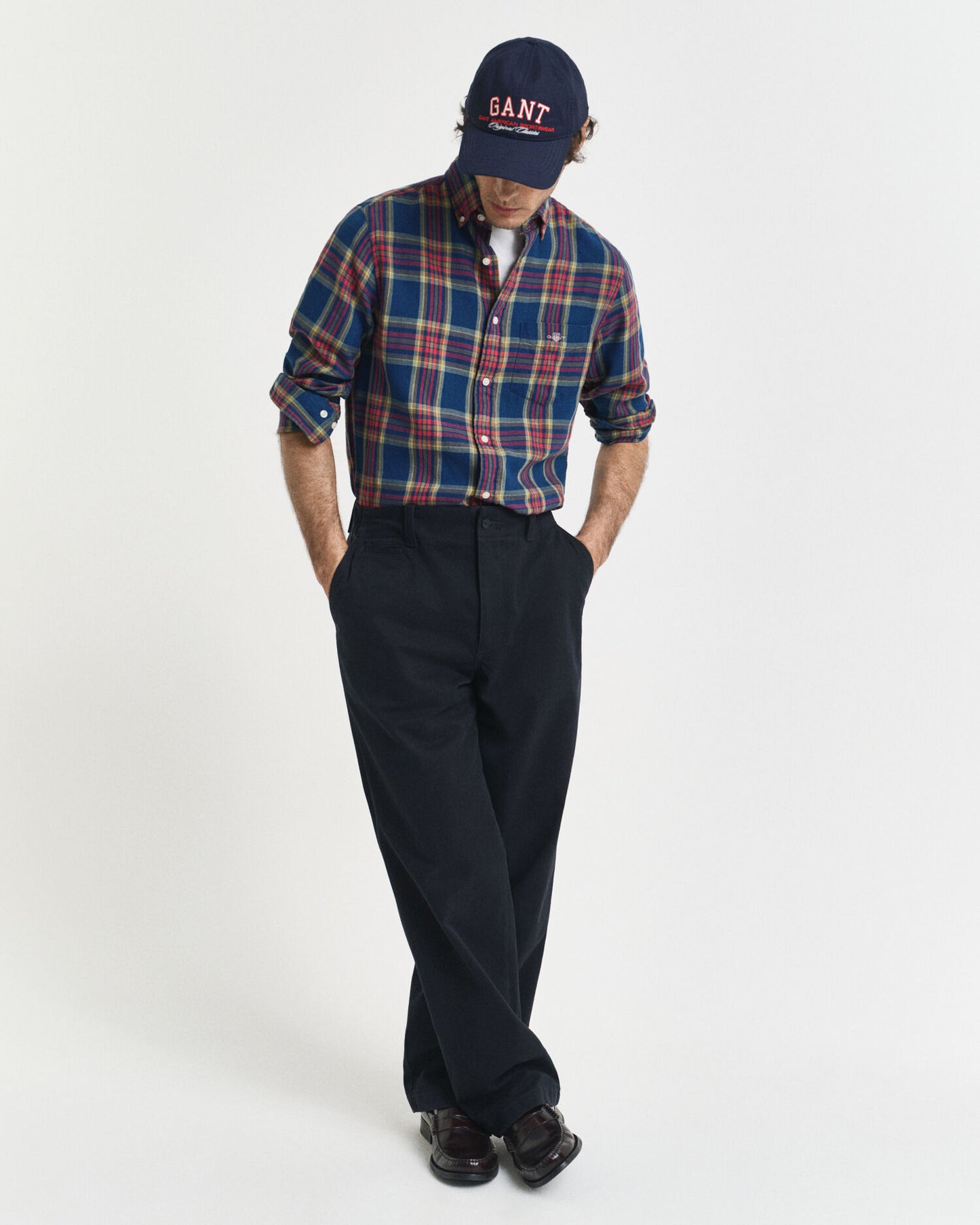 Chemise en twill de coton à carreaux indigo coupe droite